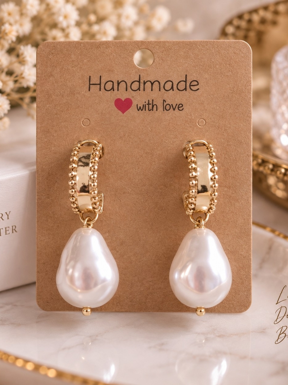 Gold Tone Faux Pearl Drop Dangle Earrings - Elegant White Pearl Hoops New